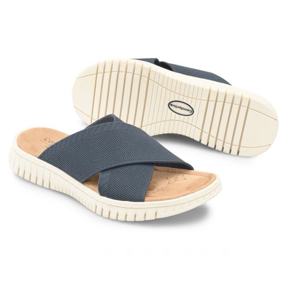 Comfortiva Chelsea Criss-Cross Slide Navy Blue Recycled Knot Mesh Women’s 7 Wide